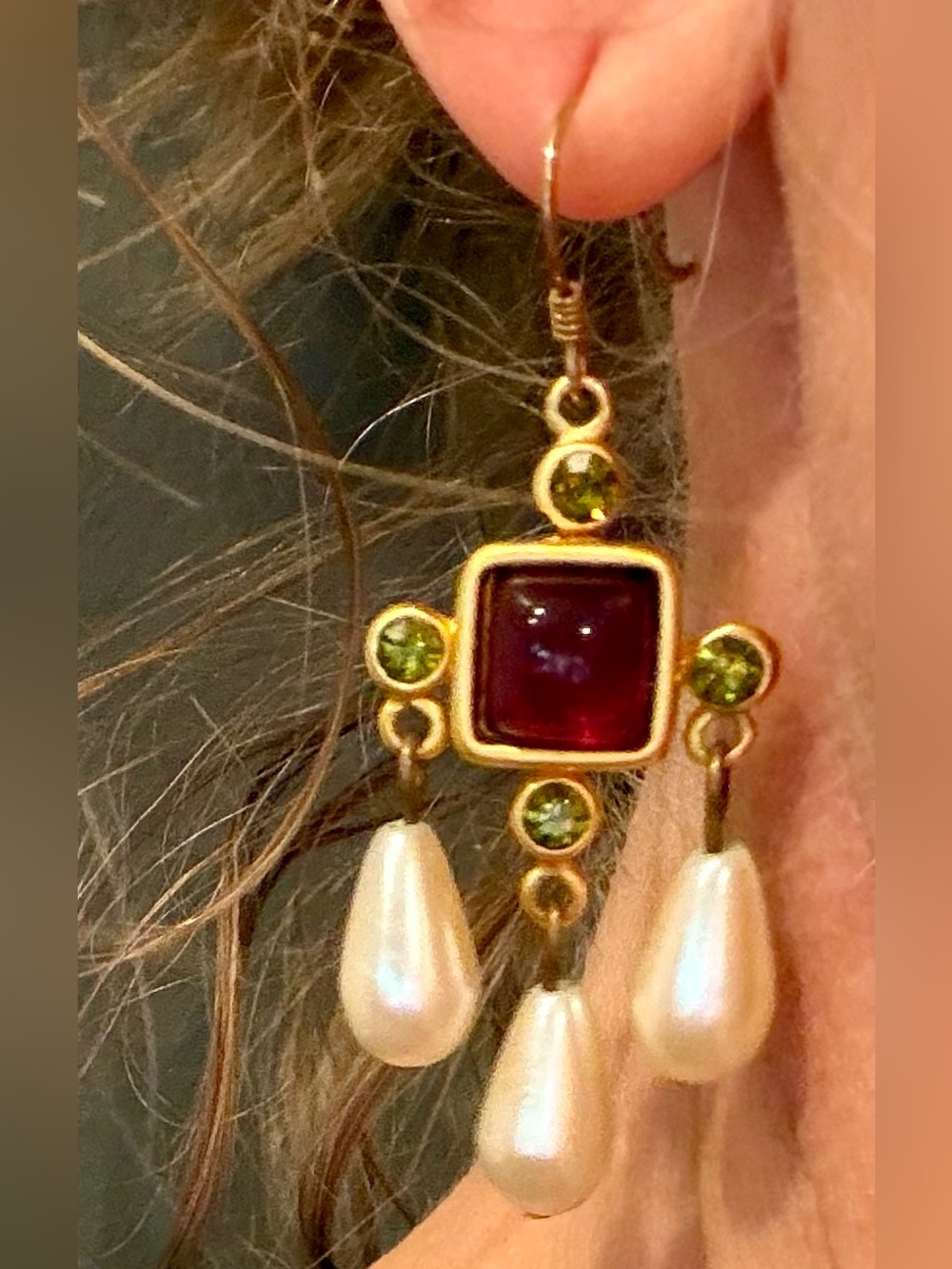 Vintage Jesara Purple Green Peridot Pearl Drop Chandelier EARRINGS, 2” dangle